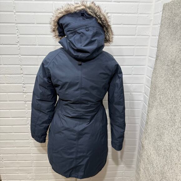 North Face Arctic Parka Down Jacket Navy Blue Faux Fur Hood Womens Med Winter - Picture 6 of 16